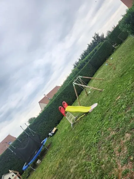 Jardin familial avec haie taillée, aire de jeux et pelouse verte